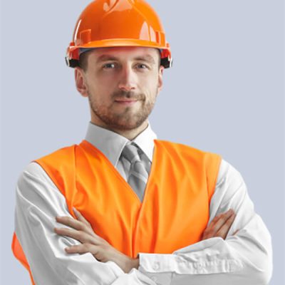 A person, possibly a Clearview fence manufacturer or installer, wears an orange safety vest and hard hat with a white shirt and striped tie. They stand confidently against a plain blue background, showcasing their professionalism in the industry.
