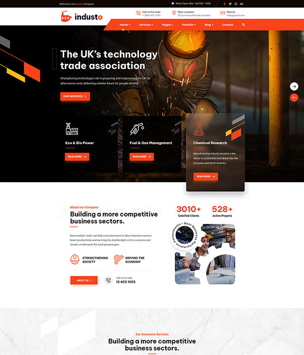 Welcome to the homepage of a leading UK technology trade association. Featuring a person in safety gear, explore menu options and our services: Eco & Bio Energy, Fuel & Gas Management, and Chemical Research. Discover statistics and contact info with clarity, as clear as Clearview.