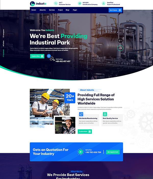 The screenshot showcases an industrial park website featuring a header with navigation links and a main section displaying images of industrial equipment and workers. Text highlights services including security fencing solutions, while contact details are provided. Blue, green, and white dominate the color scheme.