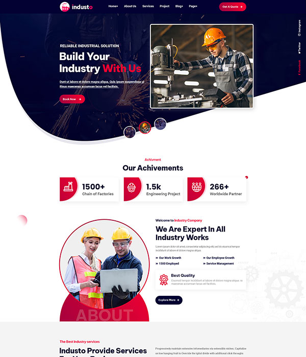 The industrial company website homepage showcases a banner with Build Your Industry With Us alongside a manufacturer operating machinery. It features sections on achievements, services, and expertise, complemented by images of engineers and clear view industry icons.