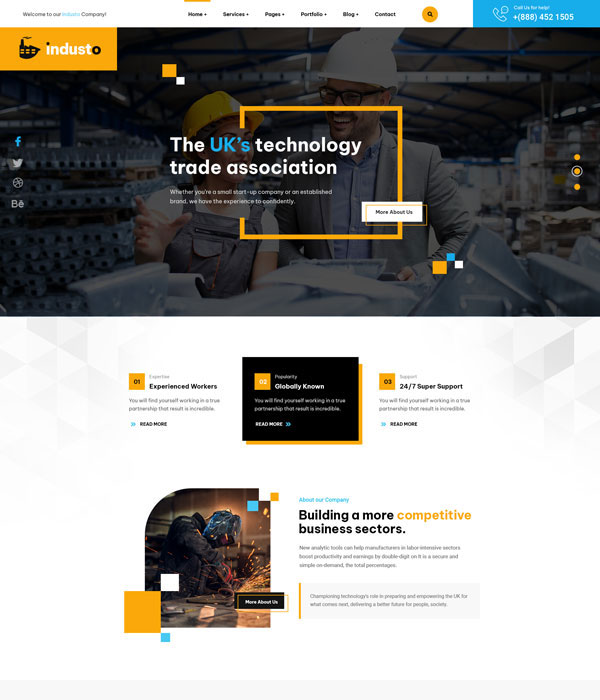 The homepage of this UK technology trade association boasts a clearview design, featuring a navigation menu, headline, and More About Us button. Highlighting experienced workers, reliability, and 24/7 support with industrial-themed images ensures users experience an unobstructed digital journey.
