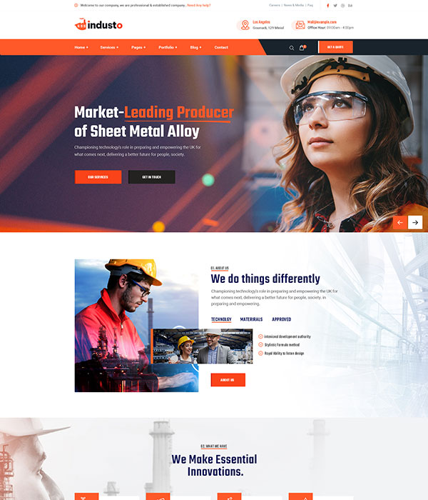 The homepage for this sheet metal alloy producer features an image of a woman in safety gear and highlights their expertise in technology, materials, and innovations. With orange and blue accents, explore how Clearview security fencing solutions are shaping the future of fencing design.
