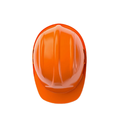 Top view of an orange construction hard hat with a glossy finish from a renowned manufacturer, featuring two distinct ridges running along the top.
