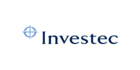 The Investec logo showcases Investec in navy blue font alongside a circular icon with a crosshair design on the left, resembling the precision of clear view security fencing. The background is white.