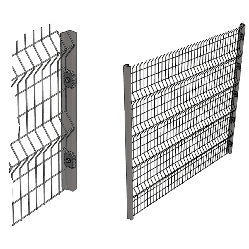 Two illustrations of a wire fence on a white background. The left highlights the structure and attachment to a metal post, typical of Clambrufe Clearview fencing. The right offers a broader view of the Clearview fence panel secured to vertical posts.