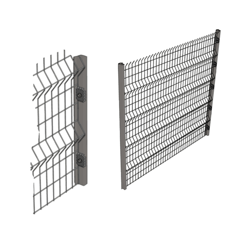 A 3D-rendered image showcases two ClearView fence panels, artfully displayed at an angle. These panels feature a distinct grid pattern with crisscrossing lines, standing upright and supported by sturdy vertical posts on one side.
