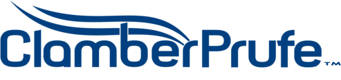 Logo featuring the word ClamberPrufe in bold blue letters with two stylized curved lines extending over the top, resembling flowing shapes, akin to clearview fencing. The trademark symbol is placed near the letter e.