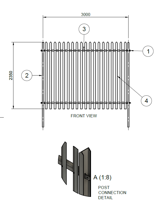 Technical drawing of a vertical slat fence, 3000 mm wide and 2350 mm high, resembling D-Section Palisade Fencing, with a close-up detail showing the post connection method (labelled A 1:8) beneath the main front view.