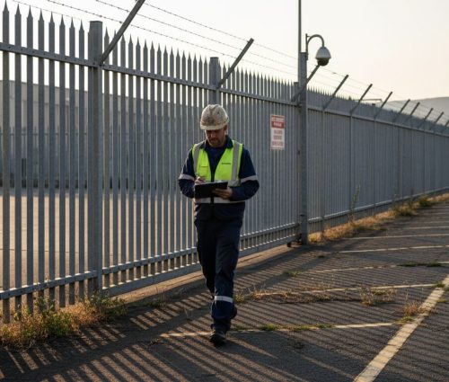 Contractor inspecting commercial security fencing in Johannesburg Contractor inspecting commercial security fencing in Johannesburg