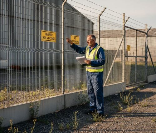 Supervisor inspecting industrial perimeter fencing Supervisor inspecting industrial perimeter fencing