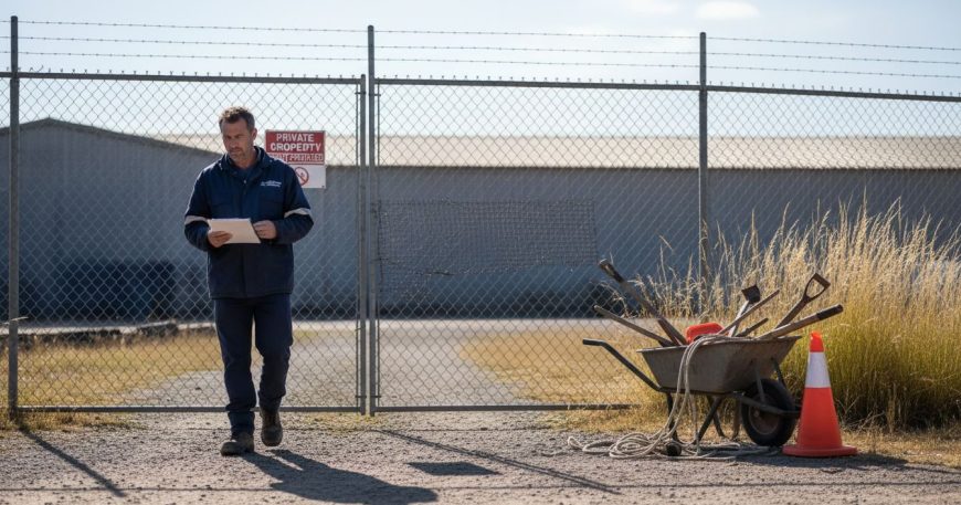 Contractor inspecting security fence perimeter