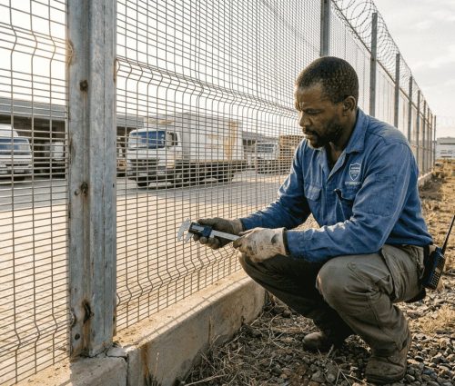 Security technician inspecting fence mesh aperture Security technician inspecting fence mesh aperture