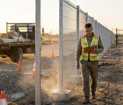 Foreman inspects new industrial security fence Foreman inspects new industrial security fence