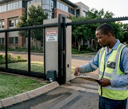 Technician checking security gate at office entrance Technician checking security gate at office entrance